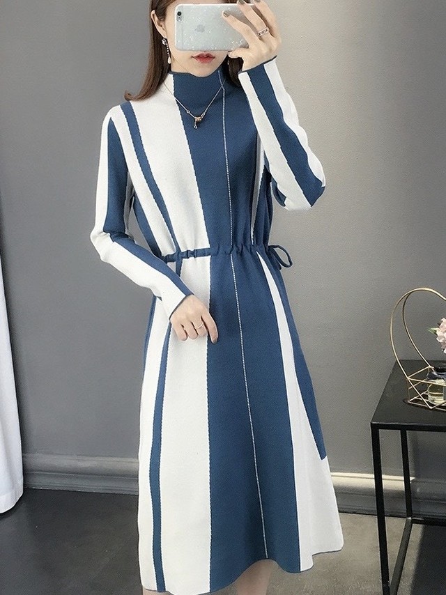 ボトルネックウエストシャーリングニットワンピース ブルー Anne