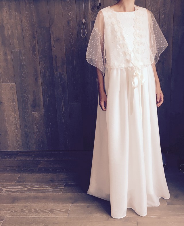 大人のシンプル花嫁レースとチュールの二次会ウェディングドレス サイズフリーｌサイズ 11号 13号の方 Wedding Boutique Flannel