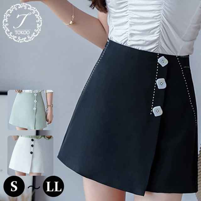 ショートパンツ レディース ステッチ ボタン ハイウエスト キュロットパンツ ワイドパンツ ミニ丈 Tk0462 Tokoo トコー