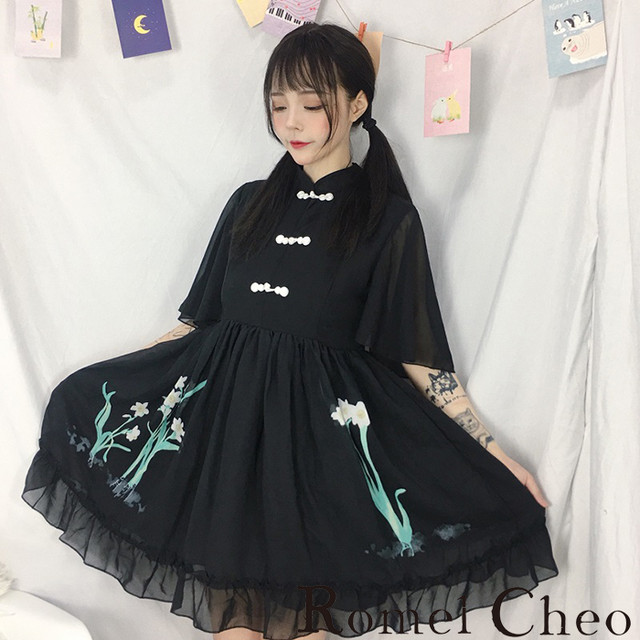 Romelcheo チャイナシースルーワンピ モノクロ チャイナ服 レディース 花柄刺繍 原宿系 かわいい ロリータ 青文字系 アジアン ガーリー フレアーワンピ エスニック フラワープリント 黒 白 モード系 モノトーン ロメルチェオ Romelcheo