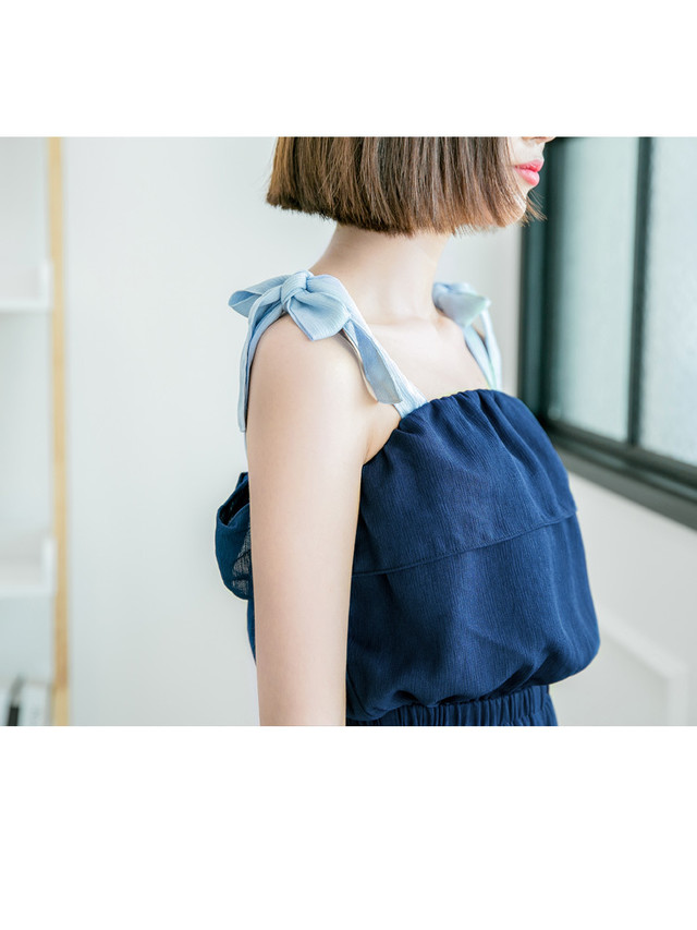 ノースリーブ オールインワンパンツ ネイビー 肩帯リボン オフショルダー リラックス ワイドパンツ Na Na Iro