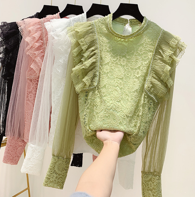 総レースブラウス シースルー袖 フェミニン ガーリー デート 刺繍 ビジュー レースシャツ ランタンスリーブ プルオーバー 長袖 春秋 ピンク ホワイト ブラック グリーン Prism One プリズム ワン 総レースブラウス シースルー袖 フェミニン ガーリー デート 刺繍 ビジュー レースシャツ ランタンスリーブ プルオーバー 長袖 春秋 ピンク ホワイト ブラック グリーン Prism One プリズム ワン