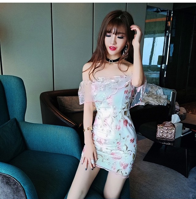 ドレス キャバドレス オフショルダー レース タイト 花柄ミニ 可愛い ガーリー ワンピース ピンク 水色 Mash Room キャバドレス専門店