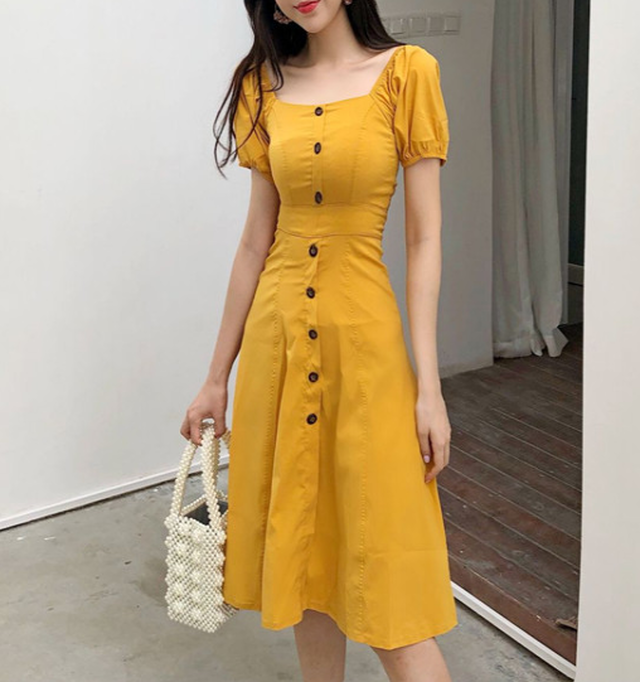 イエロー Aライン ワンピース 半袖 パフスリーブ 膝丈 黄色 きれいめ 春 夏 おしゃれ レトロ かわいい デート服 オフィスカジュアル 韓国 韓国ファッション オルチャン オルチャンファッション K045 Korean Select 韓国ファッション オルチャンファッション
