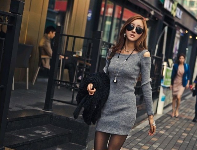 送料無料メール便 レディースワンピース オフショルダー 肩出し タイトワンピース ミニスカート セクシー 綺麗系 お姉さん系 大人可愛い系 お洒落 トレンドファッション シンプル 春秋冬 黒 グレー メンズ レディース Grandjewel