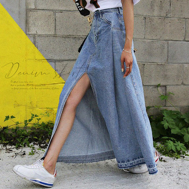 即納 デニムスカート ロングスカート スリット マキシ丈 フレアスカート Aライン カットオフ 切りっぱなし レトロ レディース ボトムス S L ブルー Ns 1253 Daily Closet