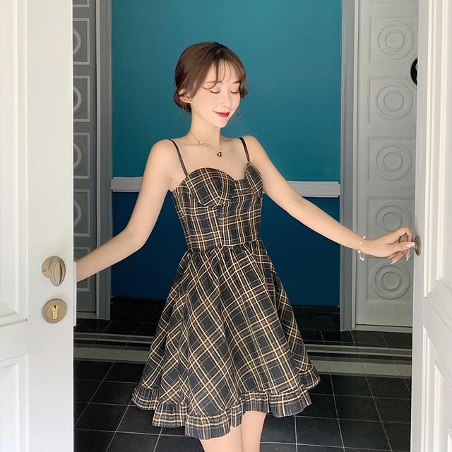 送料無料 大人かわいい 秋 ワンピース キャミソール レトロ風 チェック柄 上品 Kuroru