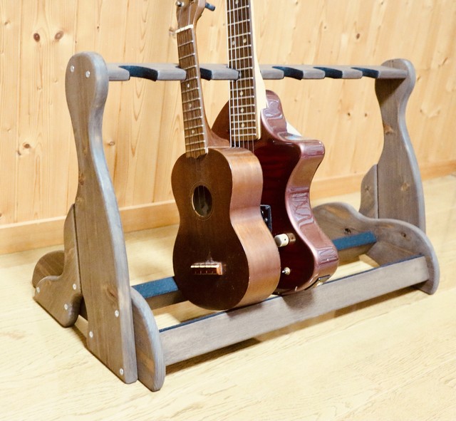 手作り木工 ウクレレスタンド チーク ６本掛け 手作り木工 レスポーラー夢工房