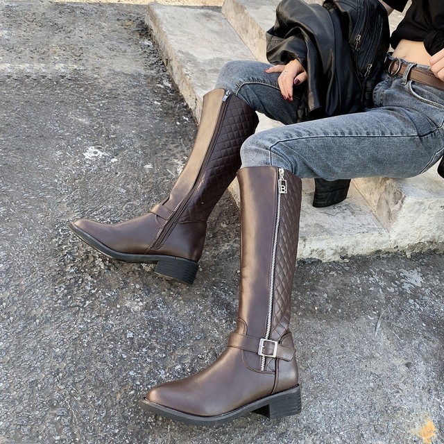 ニーハイブーツ レディース ロング丈 ジョッキーブーツ ローヒール 春 秋 冬 ブラック ブラウン 美脚 歩きやすい ブーツ Infini Arc En Ciel