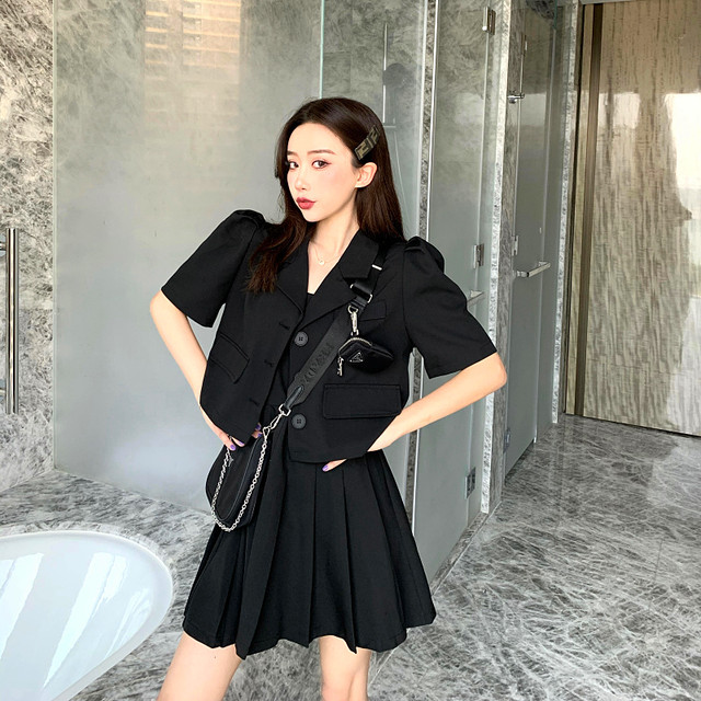 セットアップ レディース ジャケット ワンピース きれいめ ミニ丈 ショート丈 キャミワンピース ブラック 黒 ベージュ 半袖 Evergreen