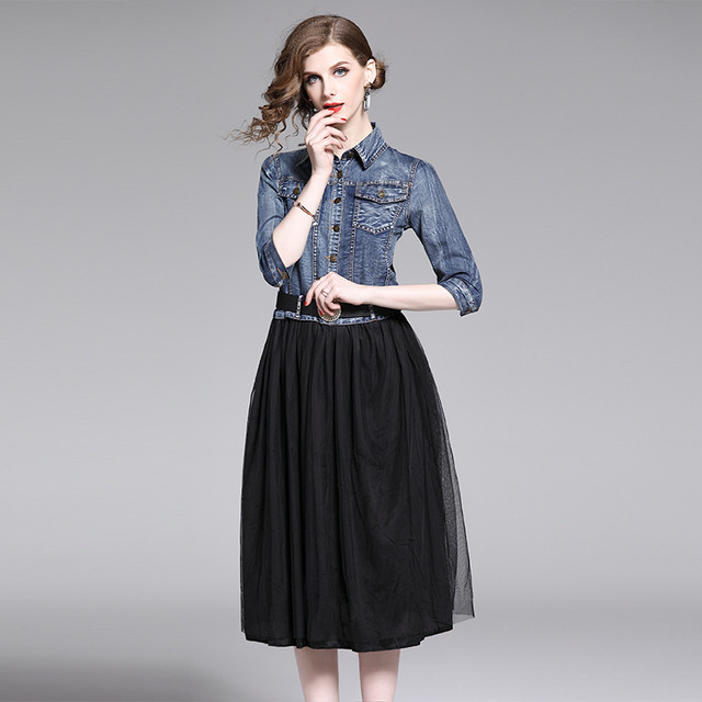 ひざ丈ワンピース ドッキングワンピース デニムジャケット 七分袖 プリーツスカート ブラック ハイウエスト カジュアル ガーリー Fsk1226 Alice Mode アリスモード