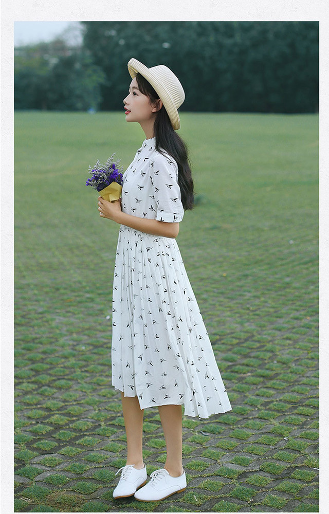 春夏セール レトロ バード プリント プリーツ ワンピース デート 代30代 レディース 柄ワンピース アニマル ワンピース 柄 プリント プリントワンピース レトロワンピース レトロ ワンピ おしゃれ 大人 可愛い 半袖 きれいめ 女子会 ホワイト ネイビー 森ガール