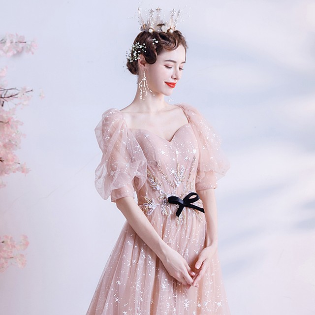 大切な 美品 パーティードレス 薄ピンクパフスリーブ プリンセスライン 憧れのドレス 華やか エレガント ドレス