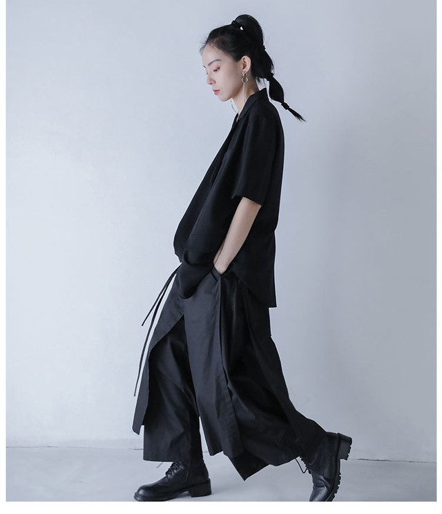 袴パンツ 秋 女性 レトロ カジュアル ルーズ ワイドレッグパンツ ボーイッシュ カッコイイ クール モード系 ブラック 黒 V191 Top Mode