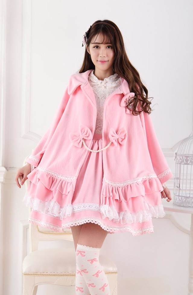 Pink Soft And Warm Winter Lace Turn Down Collar Coat コート