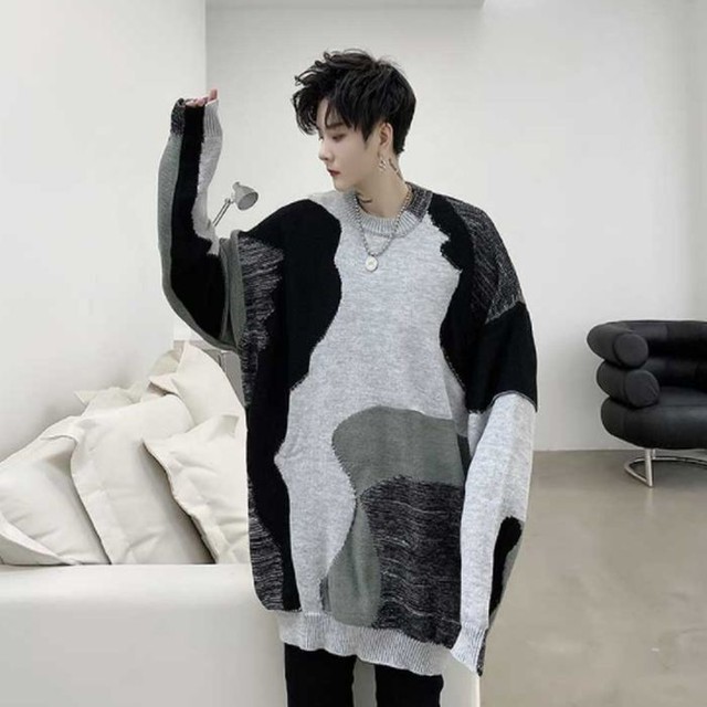 迷彩 ニット セーター 長袖 グレー グリーン ブラック 緑 黒 オーバーサイズ ルーズフィット リブ クルーネック メンズ レディース ユニセックス 韓国 カジュアル シック お支払い後日以内に発送 Top338 Garcons