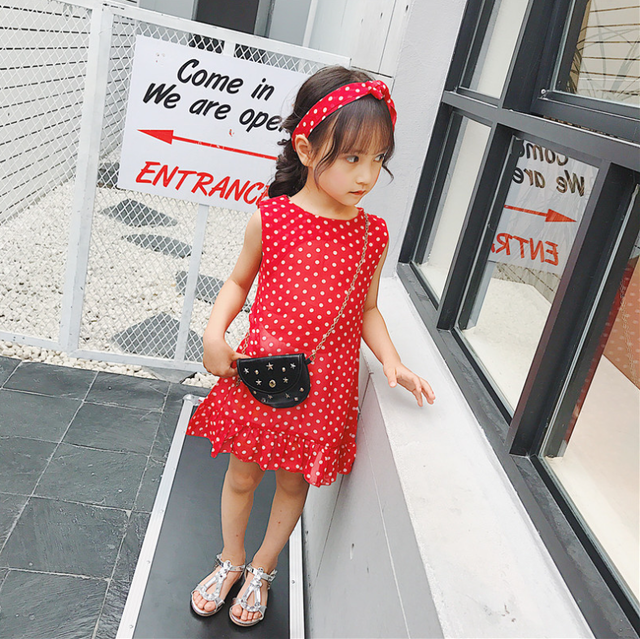 ドット柄 ノースリーブ ワンピース レッド 韓国子供服 ハローウィン 仮装 発表会 二次会 キッズ ジュニア 100 140 One Heart Happiness こどもふく