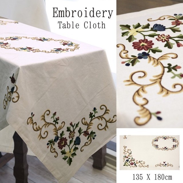 インテリア雑貨 刺繍入り テーブルクロス マルチカバー フラワー コットン 135 180 雑貨屋カンフィ