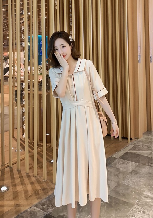 マタニティ ワンピース 半袖 夏 春 レトロ 大きいサイズ ロング丈 前開き 襟付き バックリボン 白 緑 ホワイト グリーン Aライン Vネック フレア シンプル 無地 大人可愛い フェミニン ガーリー 妊婦服 授乳服 マタニティウェア マタニティ授乳服 Mommystyle