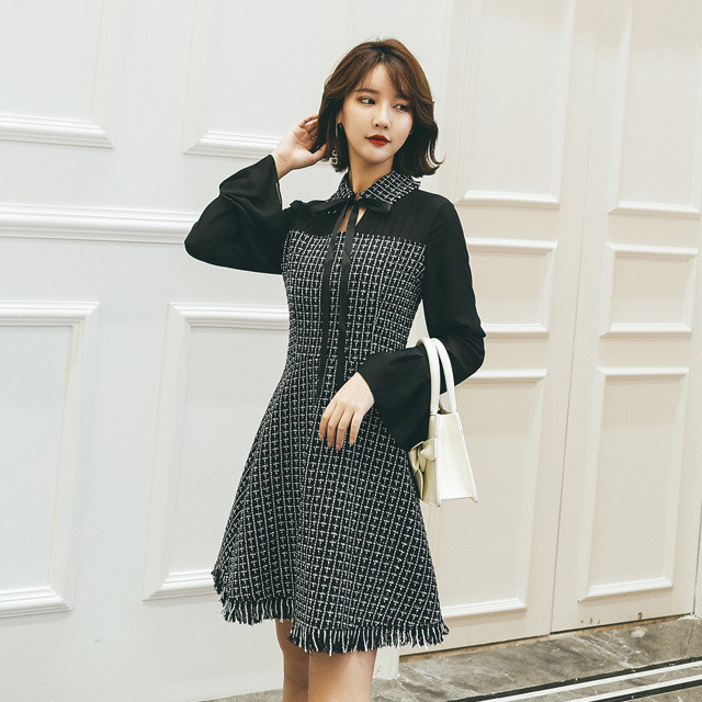 7999 今だけ5999円 大きいサイズ ツイード風生地襟付きボウタイワンピース 2l3l4l5l 女装通販lll エルスリー