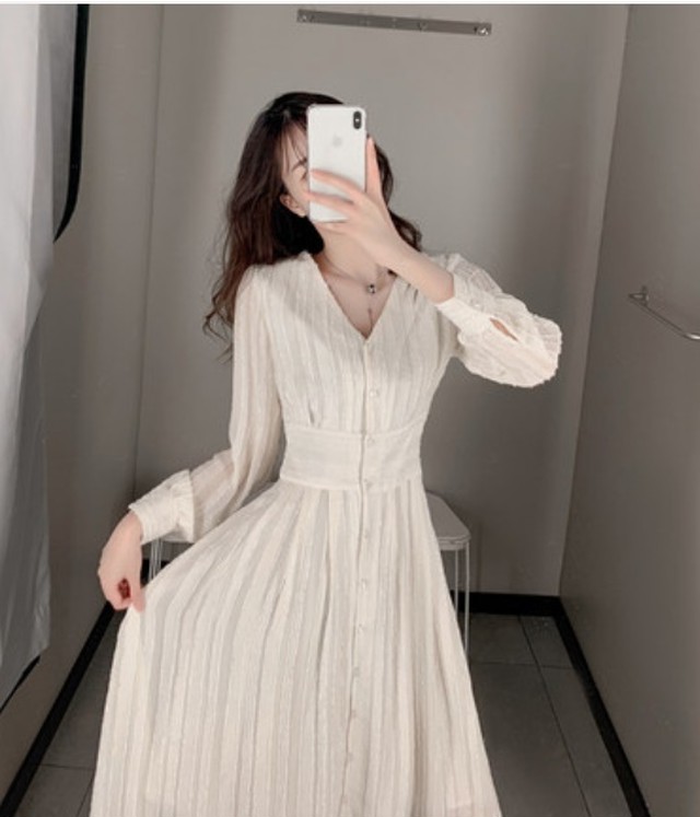 シャツワンピース ロング レトロ ノーカラー ハイウエスト 白 長袖 ドレス 春秋 パフスリーブ フレアスカート 無地 シンプル Vネック シングルブレスト ナチュラル Select Shop Skry スクリー