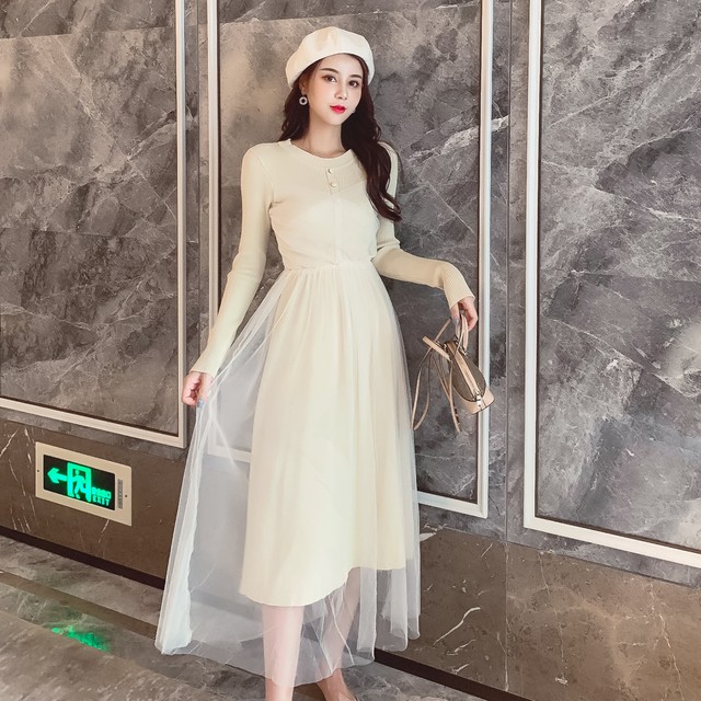 ニットワンピース ワンピース チュールスカート 重ね着風 ドッキング Aライン きれいめ 大人可愛い デート お出かけ 韓国レディースファッション通販 ポワン