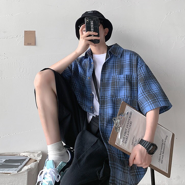 Summer Retro Check Shirts Blue 韓国ファッション 韓国メンズファッション 韓国メンズファッション High Rise From Seoul