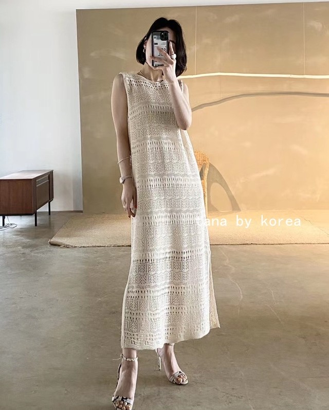 ニット 透かし編み キャミワンピース ニットワンピース レディース ノースリーブ 袖なし スリット ロング丈 マキシ丈 サマーワンピ 代 30代 春 夏tk266 Sunny Place
