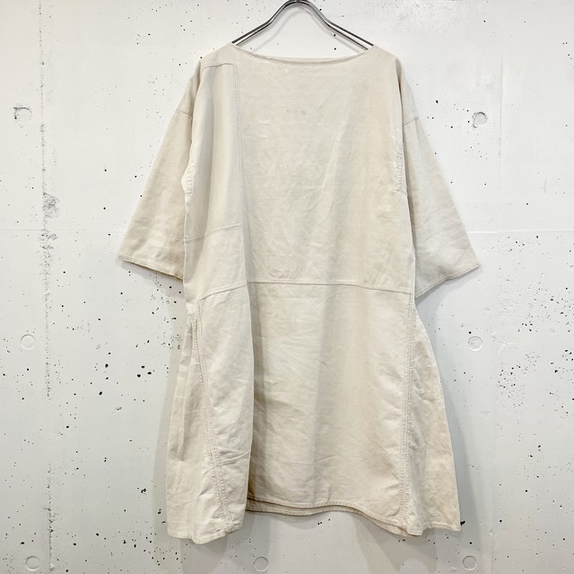 ヨーロッパ古着 France製 Antique リネンスモック チュニックワンピース 生成り リペア Chupa