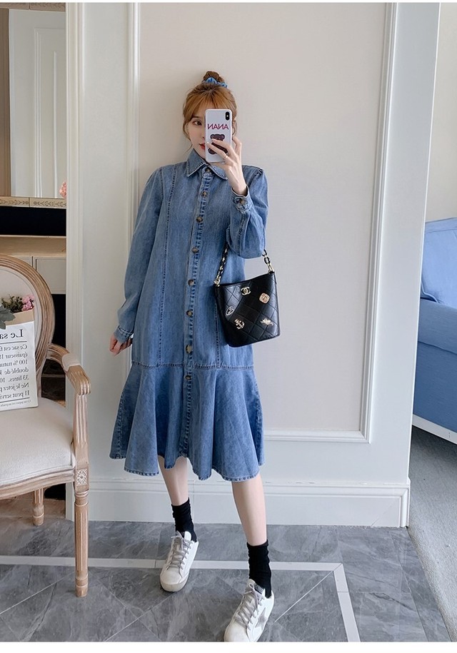 マタニティ ワンピース ミディ丈 デニム シャツワンピース 授乳可能 前開き マタニティーワンピース専門店 Ninpuku