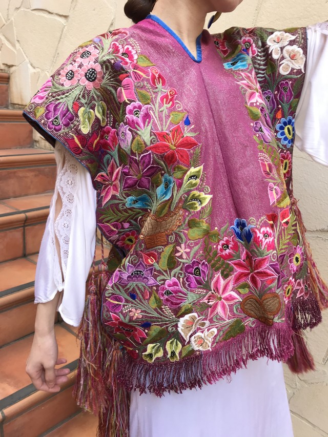 Vintage Guatemala Pink Lame Floral Embroidery Fringe Tops ヴィンテージ グアテマラ ピンク ラメ 花柄 刺繍 フリンジ トップス Riyad Vintage Shop