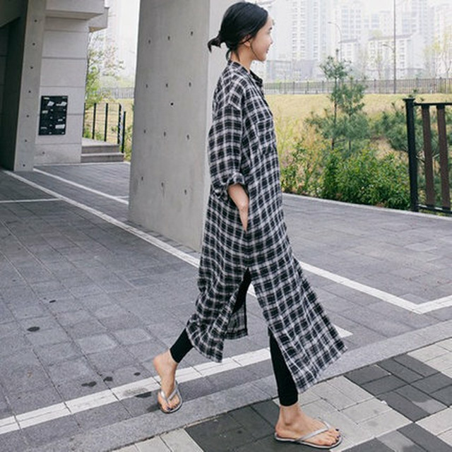 シャツワンピース ロング丈 マキシ丈 タータンチェック ｉライン 前開き 大人可愛い カジュアル 夏 秋 冬 トレンド Daranma