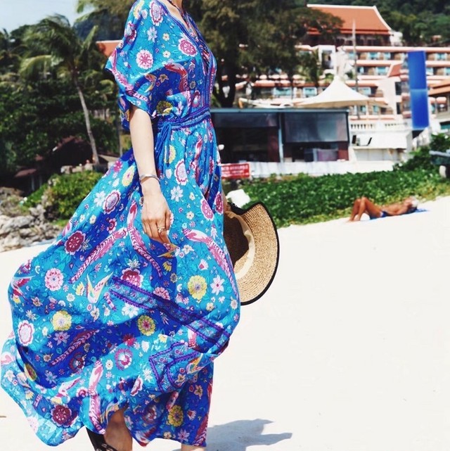 ワンピース スペル ボヘミアン マキシワンピ ビーチ 海 春夏 お出かけ デート エレガント Vネック海外 Sea Sign Post