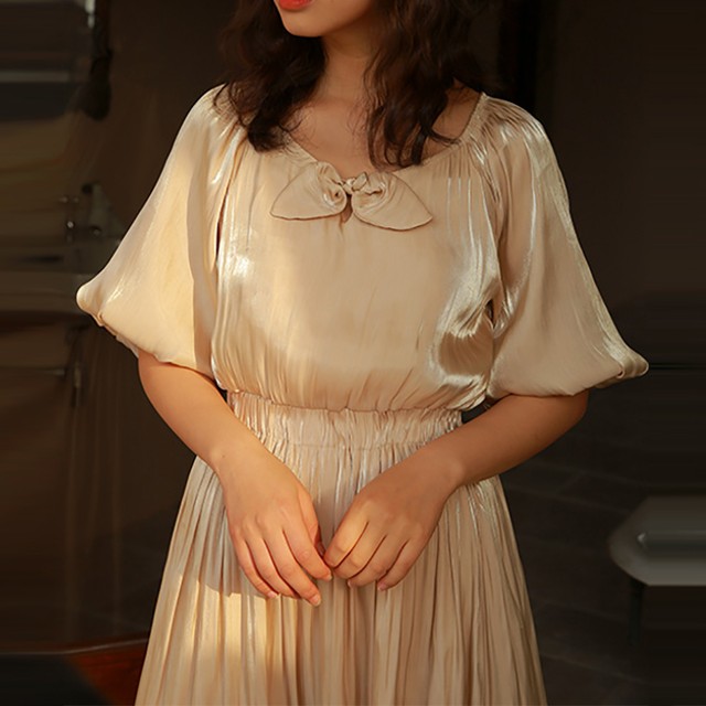 ワンピース サテン プリーツ 半袖 バルーン袖 リボン ウエストゴム シャンパン 無地 デート パーティ 結婚式 二次会 春夏 Southisland