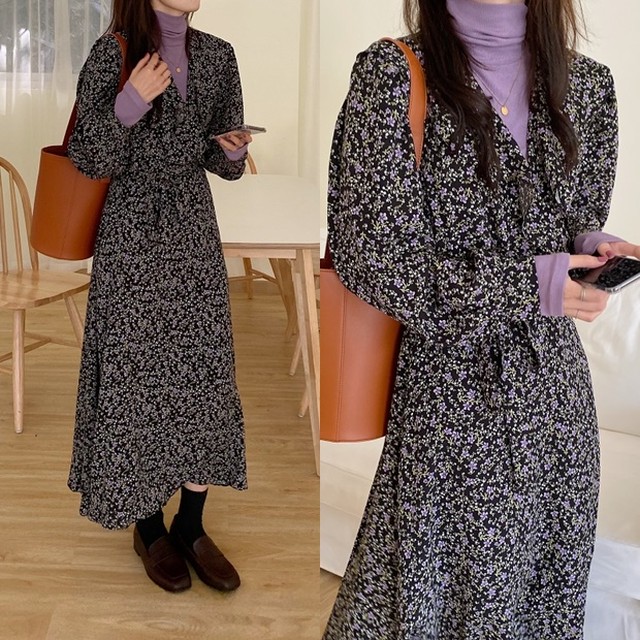 花柄 ロングワンピース ｖネック 春 ワンピース セットアップ ２点セット 韓国 ファッション レディース 春服 春物 小花柄 ワンピース カシュクール ラベンダー 黒 フレアワンピース ゆったり 大人かわいい ワンピース 春 コーディネートセット Vestito