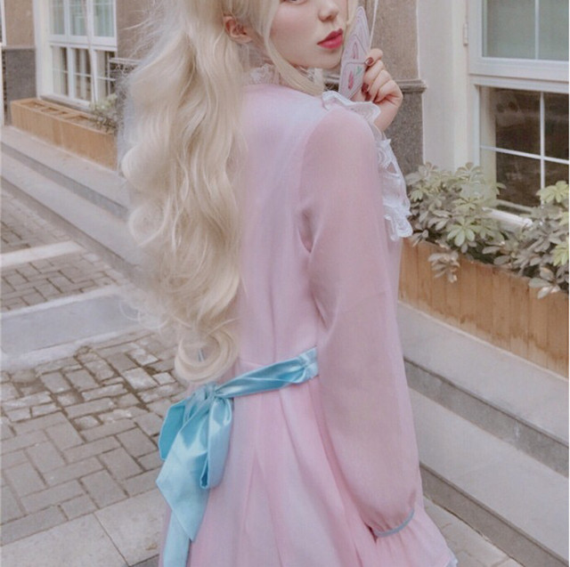 ピンク ワンピース フリル リボン ドレス 水色 パステル ガーリー フレア 可愛い ロリータ Loveysmileshop