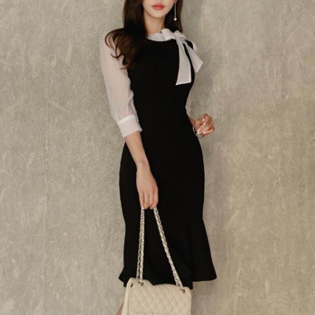 首元リボン お上品 ワンピース シースルー 七分袖 バイカラー デート パーティー エレガント 上品 フリル 春秋 Prism One プリズム ワン