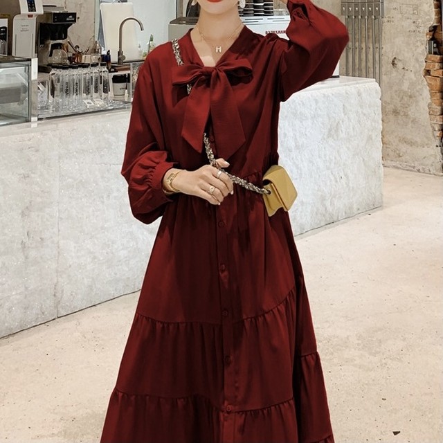 No 567 レディース ロングワンピース ゆったりめ マタニティ リボン シフォンワンピース Aライン フレア 可愛い フェミニン おしゃれ 韓国ファッション 韓国のプチプラレディース 子供服ショップ Sourire