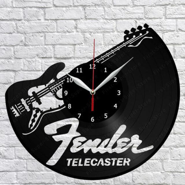 送料無料 30cm レコード盤 壁掛け時計 Fender Telecaster エレキ ギター ベース 楽器 人気 おしゃれ エコ ディスプレイ アート 輸入雑貨 Hachinohe Base 1518