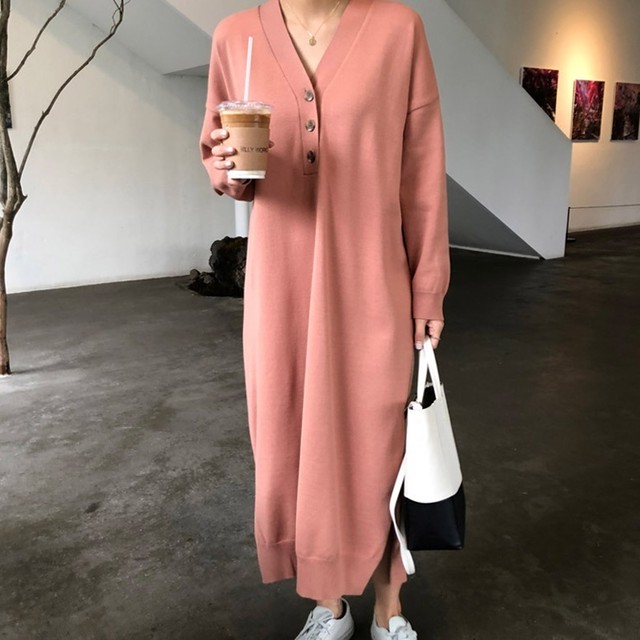 ヘンリーネックニットロングワンピース セーター マキシワンピ ゆったり オーバーサイズ ガーリー 大人キレイ 大人可愛い 秋冬 Choco Chaco