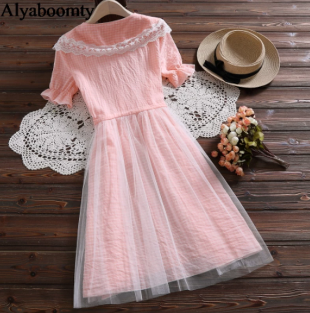 森ガール ワンピース 襟レース スカートメッシュ ピンク チュール 半袖 膝丈 チェック柄 夏 桃色 Cinderella Story