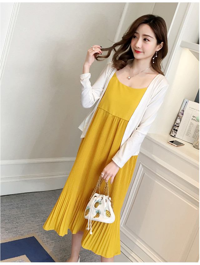 胸下切り替えプリーツ キャミソールロングマタニティワンピース カーディガン 2点セット マタニティーワンピース専門店 Ninpuku