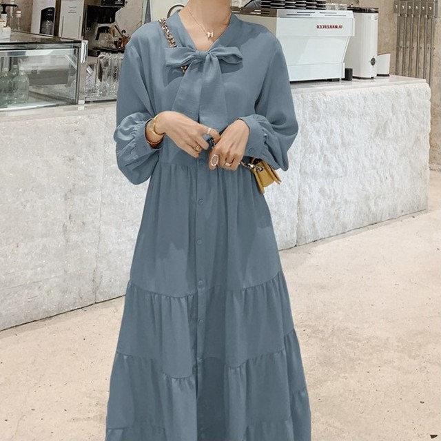 No 567 レディース ロングワンピース ゆったりめ マタニティ リボン シフォンワンピース Aライン フレア 可愛い フェミニン おしゃれ 韓国ファッション 韓国のプチプラレディース 子供服ショップ Sourire