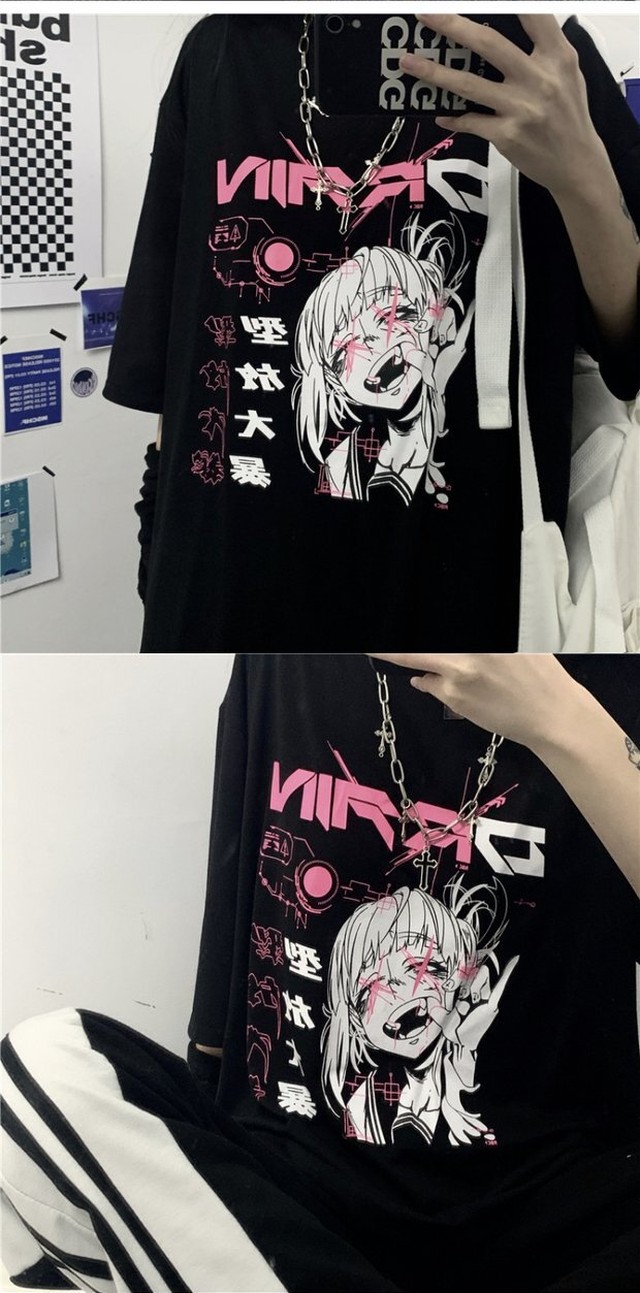 Tシャツシャツ レディース夏服韓国ファッショントレンドスタンダードプリントルーズゆったりブラック レトロ 夏物 スタイル デーモン Pleglad Demon