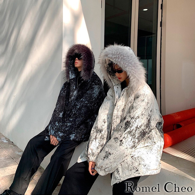 3月7日入荷予定 Romelcheo 中綿 ウインタージャケット コート メンズ レディース ユニセックス ブルゾン コート フェイクファー 韓国 モノトーン 白黒 冬 アウター 防寒 暖かい ストリート系 カジュアル ファッション ロメルチェオ Romelcheo