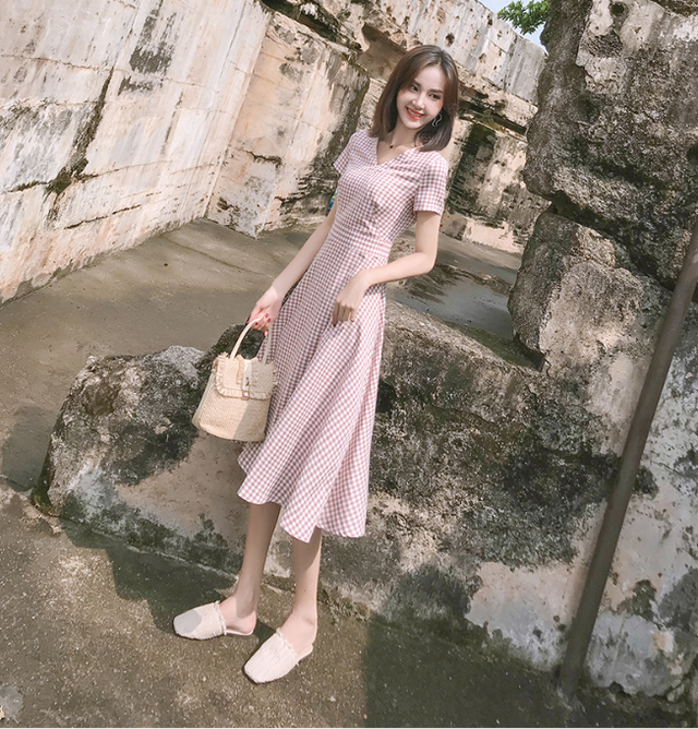 ギンガムチェック ワンピース レディース お出かけ 春夏 ピンク 代 フレア Aライン ガーリー 半袖 ひざ丈 Rightsight