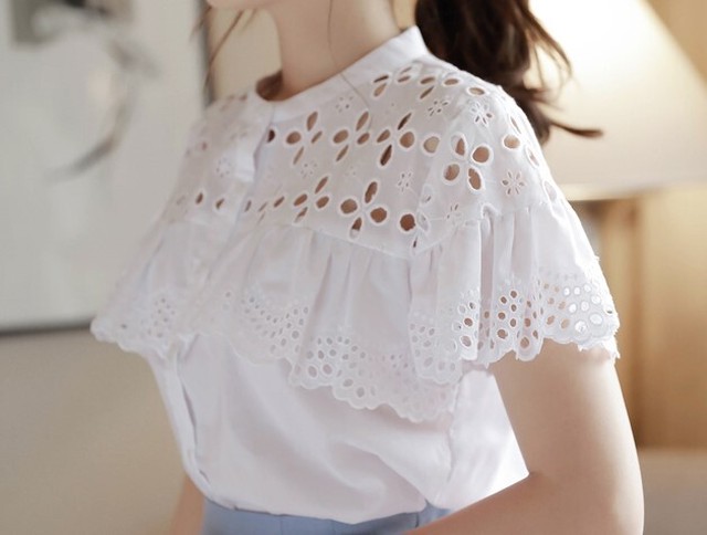 ブラウス シャツ トップス 半袖 スタンドカラー フリル袖 カットワークレース 白シャツ フェミニン 清楚 ガーリー 大人かわいい 清潔感 通勤 お出かけ デート 女子会 春 夏 Rb A06 0113 Redbell