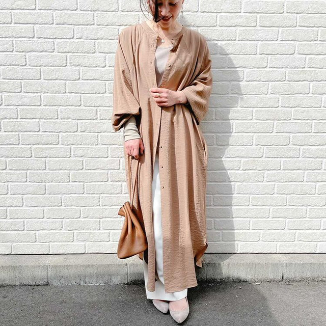 Day S 袖リブニット襟なしロングシャツワンピース Shuchica