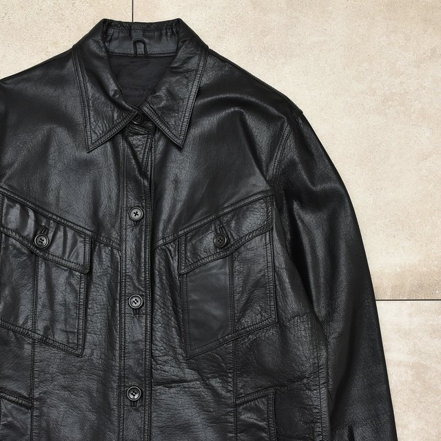 Luster coating black leather shirt jacket