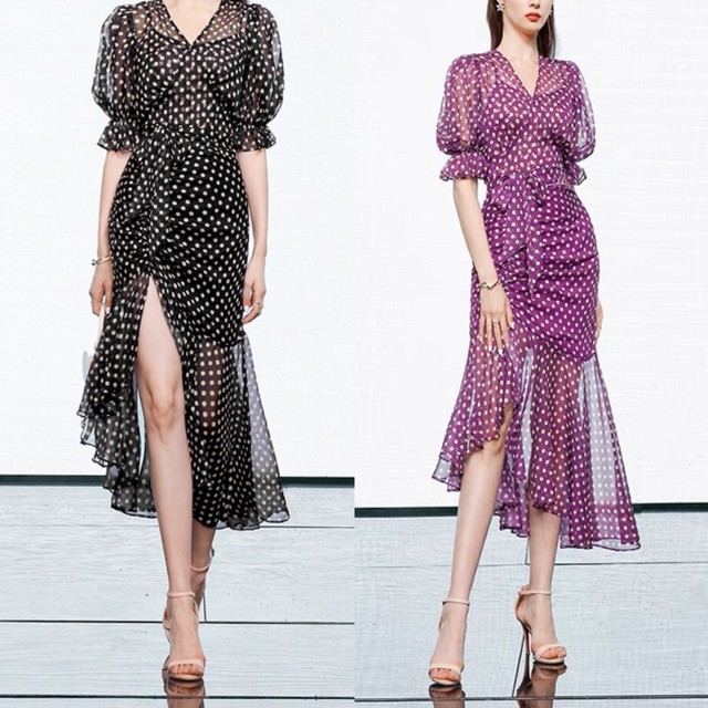 2カラー 水玉 ワンピース 黒 紫 ドット Xl Loveysmileshop